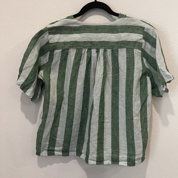 Birds Of Paradise By Trovata Neve Shirt Aloe Stripe Sz M Linen Camp Lagenlook - Picture 6 of 8